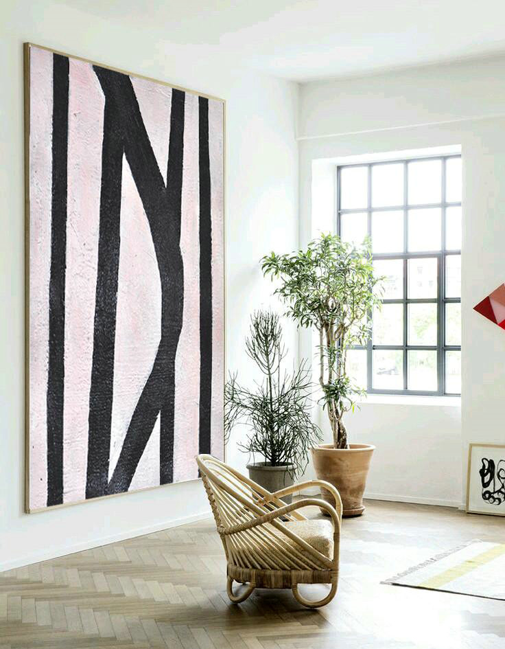 Oversized Canvas Art On Canvas,Hand-Painted Black And White Minimal Painting On Canvas,Hand-Painted Canvas Art